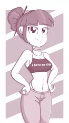 Size: 1200x2121 | Tagged: suggestive, artist:pastelhorses, derpibooru import, sci-twi, twilight sparkle, equestria girls, alternate hairstyle, belly button, blatant lies, breasts, choker, clothes, false advertisement, female, hair bun, looking at you, midriff, monochrome, panties, pants, simple background, smiling, smug, solo, solo female, sweatpants, tanktop, thong, underwear