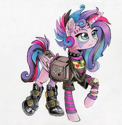 Size: 800x823 | Tagged: safe, artist:maytee, derpibooru import, princess flurry heart, alicorn, pony, boots, bracelet, censored vulgarity, choker, clothes, dyed mane, ear piercing, earring, female, horn ring, it's not a phase, jewelry, older, piercing, princess emo heart, saddle bag, shoes, solo, teenager