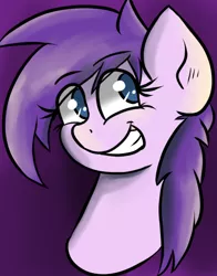 Size: 568x725 | Tagged: safe, artist:tranzmuteproductions, derpibooru import, oc, oc:purple roselyn, unofficial characters only, earth pony, pony, bust, earth pony oc, eye clipping through hair, eyelashes, female, gradient background, grin, image, mare, png, portrait, smiling, solo