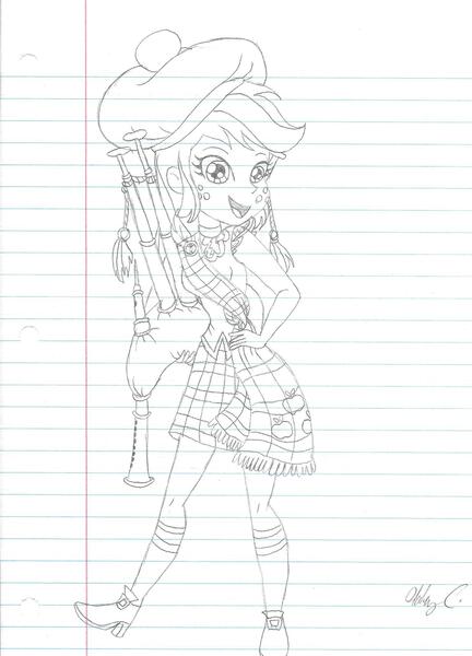 Size: 1475x2049 | Tagged: safe, artist:haleyc4629, derpibooru import, applejack, fanfic:lost in butterscotchland, equestria girls, bagpipes, lined paper, scottish, solo, traditional art