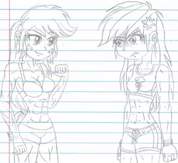 Size: 1187x1091 | Tagged: safe, artist:haleyc4629, derpibooru import, applejack, rainbow dash, equestria girls, applejacked, cross-popping veins, inspired by another artist, lined paper, manga attempt, muscles, stronger than you, traditional art