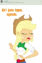 Size: 928x1362 | Tagged: safe, artist:haleyc4629, derpibooru import, applejack, equestria girls, deviantart, eqg: ask applejack, simple background, solo, sugarcube, white background