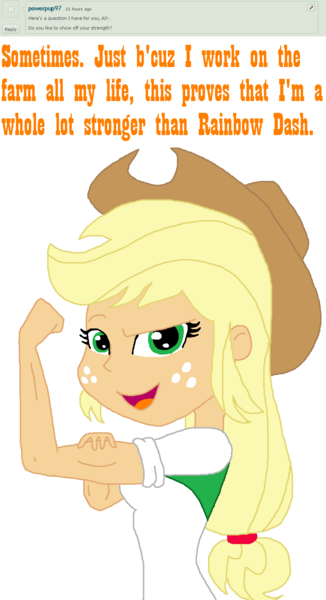 Size: 940x1728 | Tagged: safe, artist:haleyc4629, derpibooru import, applejack, equestria girls, applejacked, deviantart, eqg: ask applejack, muscles, rosie the riveter, solo