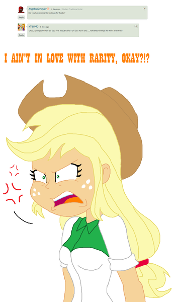 Size: 1248x2113 | Tagged: safe, artist:haleyc4629, derpibooru import, applejack, equestria girls, angry, anti-shipping, applejack the anti-shipper, deviantart, disagreement, eqg: ask applejack, protest, shipping denied, solo