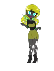Size: 1944x2592 | Tagged: alternate hairstyle, alternate universe, artist:galaxiedream, boots, changeling, changelingified, clothes, cute, cute little fangs, derpabetes, derpibooru import, derpy hooves, dress, fangs, female, high heel boots, human, humanized, moe, open mouth, pantyhose, ripped pantyhose, safe, shoes, simple background, skirt, solo, species swap, transparent background, winged humanization, wings