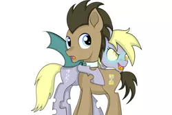 Size: 5315x3543 | Tagged: safe, artist:sparkleshadow, derpibooru import, derpy hooves, doctor whooves, time turner, changeling, earth pony, pony, alternate universe, changelingified, cute, derpabetes, doctorbetes, doctorderpy, female, hug, male, mare, open mouth, shipping, simple background, species swap, stallion, straight, white background