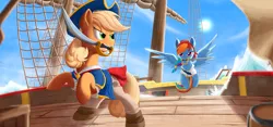 Size: 3000x1400 | Tagged: airship, applejack, artist:j24262756, barrel, boat, cloud, cutlass, derpibooru import, hat, mouth hold, my little pony: the movie, pirate, pirate costume, rainbow dash, rope, safe, sky, sword, weapon