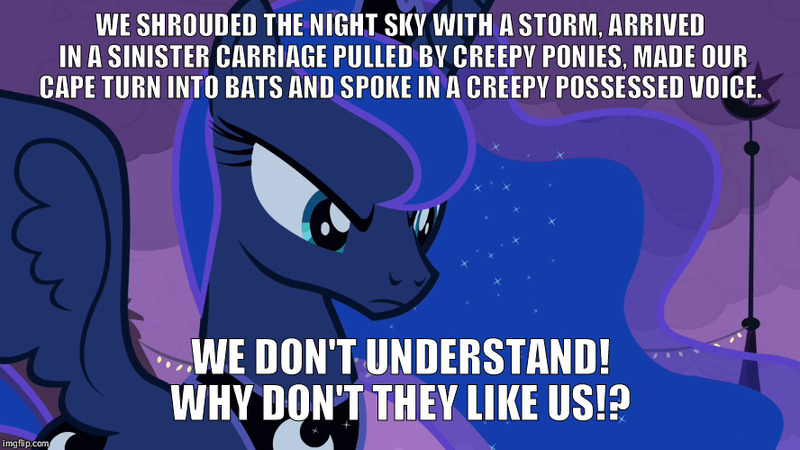 Size: 888x499 | Tagged: safe, derpibooru import, edit, edited screencap, screencap, princess luna, pony, luna eclipsed, drama bait, image macro, meme, nightmare night, serious, serious face, solo, trolling