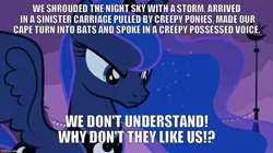 Size: 888x499 | Tagged: safe, derpibooru import, edit, edited screencap, screencap, princess luna, pony, luna eclipsed, drama bait, image macro, meme, nightmare night, serious, serious face, solo, trolling