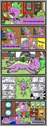 Size: 1000x2690 | Tagged: safe, artist:metal-jacket444, derpibooru import, angel bunny, spike, vulture, comic:angel vs spike, acting, angel is a bunny bastard, clock, clothes, comic, derp, fainted, flower, long tongue, playing dead, speech bubble, thought bubble, tongue out, waiter