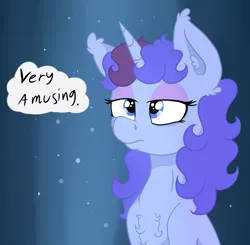 Size: 2254x2206 | Tagged: safe, artist:paskanaakka, derpibooru import, oc, oc:midnight dew, unofficial characters only, pony, unicorn, abstract background, ask, chest fluff, dialogue, ear fluff, eyeshadow, female, makeup, mare, solo, unamused