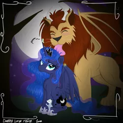 Size: 4823x4823 | Tagged: safe, artist:darkest-lunar-flower, derpibooru import, melvin (character), princess luna, tiberius, alicorn, manticore, pony, journal of the two sisters, absurd resolution, behaving like a cat, blushing, chest fluff, cute, female, licking, luna moth, mare, moon, night, purring, sitting, tongue out