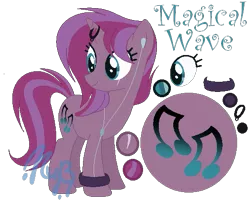 Size: 521x422 | Tagged: safe, artist:marielle5breda, derpibooru import, oc, oc:magical wave, unofficial characters only, pony, unicorn, cutie mark background, earbuds, female, magical lesbian spawn, mare, music notes, offspring, parent:tempest shadow, parent:vinyl scratch, reference sheet, simple background, solo, transparent background, wristband