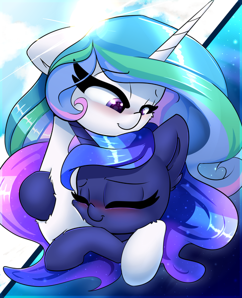 Size: 1300x1600 | Tagged: safe, artist:madacon, derpibooru import, princess celestia, princess luna, alicorn, pony, cute, eyes closed, female, filly, hug, royal sisters, sisterly love, smiling, woona, younger