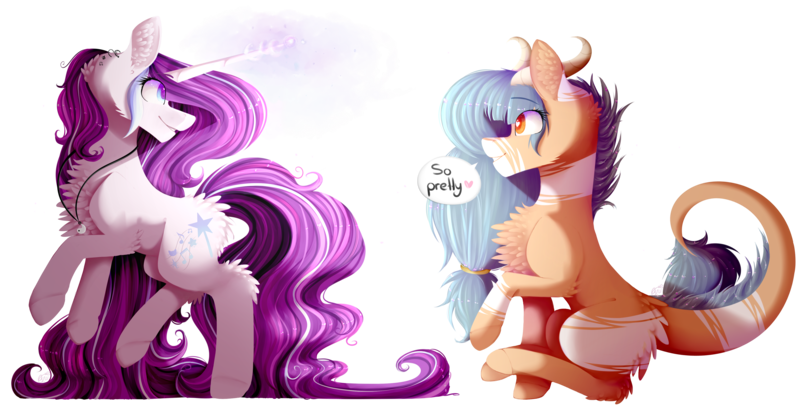 Size: 4200x2200 | Tagged: safe, artist:magicalbrownie, derpibooru import, oc, oc:forest keeper, oc:magical brownie, unofficial characters only, earth pony, pony, unicorn, chest fluff, female, high res, horns, magic, mare, simple background, transparent background