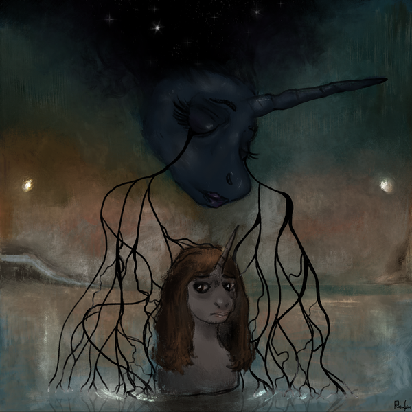 Size: 2040x2040 | Tagged: semi-grimdark, artist:retsu-the-pony, derpibooru import, princess luna, oc, oc:retsu, pony, unicorn, allegory, crying, floating head, lake, sky, stars, surreal, tears of pain