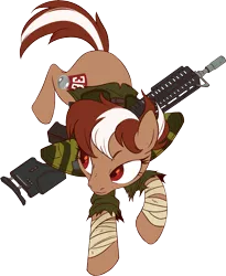 Size: 2292x2792 | Tagged: safe, artist:mellowhen, derpibooru import, oc, oc:roulette, unofficial characters only, pony, fallout equestria, fallout equestria: red 36, action pose, bandage, clothes, female, gun, hoof wraps, rifle, simple background, solo, transparent background, weapon