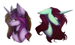 Size: 4564x2772 | Tagged: safe, artist:crazllana, derpibooru import, oc, oc:mia, oc:symphony diamond, unofficial characters only, pony, unicorn, art trade, bust, chest fluff, crazy face, duo, ear fluff, ear piercing, faic, female, high res, mare, piercing, portrait, simple background, transparent background