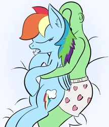 Size: 1352x1572 | Tagged: suggestive, artist:infrayellow, derpibooru import, rainbow dash, oc, oc:anon, human, pegasus, pony, bed, boxers, clothes, cuddling, drool, eyes closed, female, hug, human on pony snuggling, implied sex, mare, sleeping, snuggling, spooning, underwear