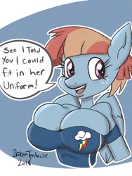 Size: 1024x1365 | Tagged: anthro, artist:brokententacle, big breasts, breasts, busty windy whistles, cleavage, clothes, clothing theft, cutie mark on clothes, derpibooru import, female, implied rainbow dash, milf, signature, solo, solo female, speech bubble, suggestive, uniform, windy whistles