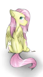 Size: 1024x1826 | Tagged: safe, artist:xxdestinyrosexx, derpibooru import, fluttershy, pegasus, pony, cookie, floppy ears, food, gradient background, head turn, looking at you, looking back, looking back at you, pouting, profile, rear view, sitting, solo, teary eyes, wings