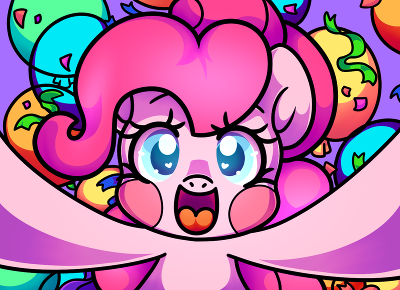 Size: 1310x950 | Tagged: safe, artist:holly--jolly, derpibooru import, pinkie pie, pony, balloon, blushing, confetti, party, smiling, solo, streamers, wingding eyes