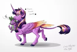 Size: 2464x1676 | Tagged: safe, artist:earthsong9405, artist:miidniightsuun, derpibooru import, spike, twilight sparkle, twilight sparkle (alicorn), alicorn, classical unicorn, dragon, pony, behaving like a cat, cloven hooves, colored, colored wings, curved horn, descriptive noise, duo, ethereal mane, female, gradient wings, horse noises, leonine tail, male, mama twilight, mare, mouth hold, pictogram, realistic anatomy, realistic horse legs, scar, scruff, signature, simple background, starry mane, starry wings, story included, tail feathers, traditional art, unshorn fetlocks, white background, wing claws