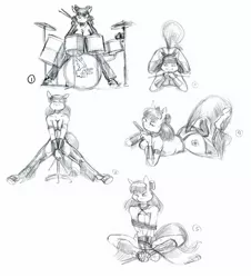 Size: 1618x1788 | Tagged: suggestive, artist:baron engel, derpibooru import, apple bloom, anthro, earth pony, unguligrade anthro, black and white, bondage, breasts, clothes, drummer, drumsticks, female, grayscale, mare, monochrome, older, older apple bloom, partial nudity, pencil drawing, simple background, tied up, topless, traditional art, white background