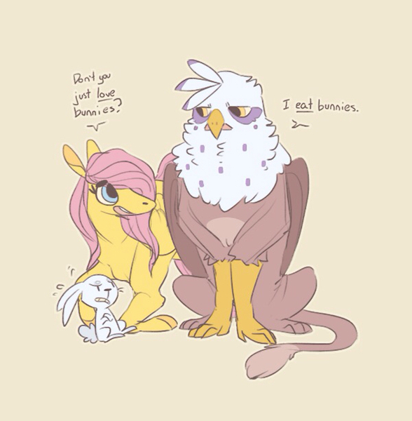 Size: 600x612 | Tagged: safe, artist:batlover800, derpibooru import, angel bunny, fluttershy, gilda, gryphon, pegasus, pony, rabbit, dialogue, female, gildashy, lesbian, looking at each other, male, shipping, simple background, talking, tan background, trio, wings