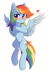 Size: 1460x2160 | Tagged: safe, artist:fensu-san, derpibooru import, rainbow dash, pegasus, pony, :t, blushing, crossed arms, cute, dashabetes, female, heart, human shoulders, mare, simple background, solo, tsunderainbow, tsundere, white background