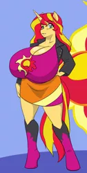 Size: 1202x2376 | Tagged: suggestive, artist:marauder6272, artist:pervynamek02, derpibooru import, edit, sunset shimmer, anthro, unguligrade anthro, unicorn, big breasts, breasts, busty sunset shimmer, cutie mark on clothes, equestria girls outfit, female, huge breasts, impossibly large breasts, mare, solo, solo female