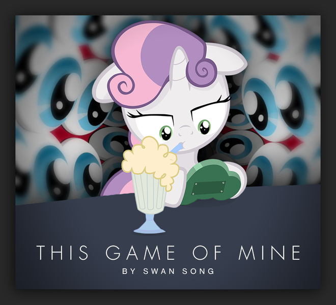 Size: 1090x991 | Tagged: safe, artist:jan, artist:medio-cre, artist:swan song, derpibooru import, edit, screencap, sweetie belle, pony, button's adventures, fanfic, fanfic:this game of mine, hurricane fluttershy, cover art, eye, eyes, female, foal, joy boy, milkshake, solo, typography, video game