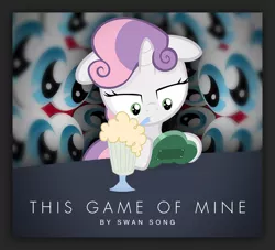 Size: 1090x991 | Tagged: safe, artist:jan, artist:medio-cre, artist:swan song, derpibooru import, edit, screencap, sweetie belle, pony, button's adventures, fanfic, fanfic:this game of mine, hurricane fluttershy, cover art, eye, eyes, female, foal, joy boy, milkshake, solo, typography, video game