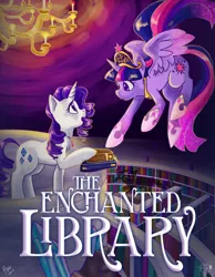 Size: 1280x1650 | Tagged: safe, artist:palolabg, artist:swan song, derpibooru import, edit, discord, rarity, twilight sparkle, twilight sparkle (alicorn), alicorn, pony, fanfic, fanfic:the enchanted library, balcony, book, chandelier, crystal, element of magic, ethereal mane, fanfic art, fanfic cover, female, flying, jewelry, lesbian, library, mare, rarilight, regalia, shadow, shipping, typography