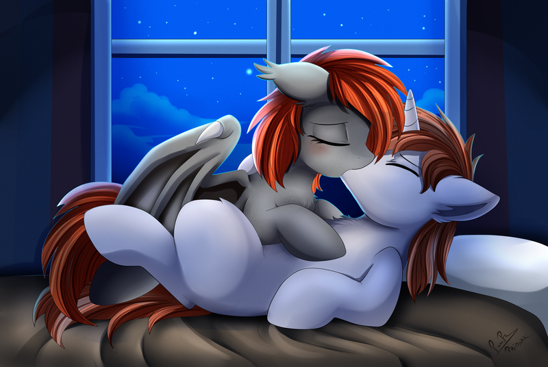 Size: 4117x2757 | Tagged: safe, artist:pridark, derpibooru import, oc, oc:diamond sword, oc:grem, unofficial characters only, bat pony, pony, unicorn, absurd resolution, bat pony oc, bat wings, bed, blank flank, blushing, chest fluff, commission, couple, duo, ear fluff, eyes closed, female, floppy ears, gremond, horn, kissing, love, making out, male, mare, mare on top, night, oc x oc, on back, pillow, ranchtown, shipping, stallion, stars, straight, window, wings