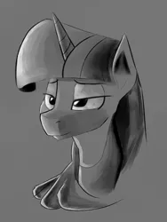 Size: 1200x1600 | Tagged: safe, artist:itsthinking, artist:post-it, derpibooru import, twilight sparkle, pony, bust, lidded eyes, monochrome, portrait, simple background, smiling, solo