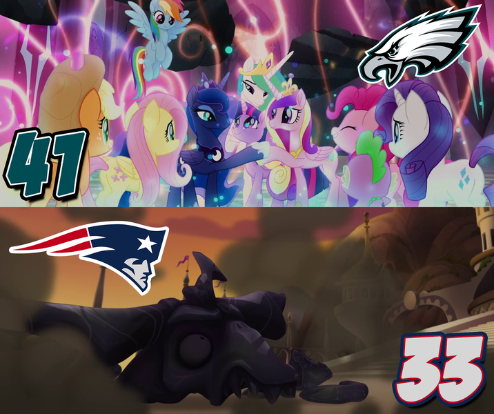 Size: 1920x1608 | Tagged: alicorn, american football, applejack, derpibooru import, edit, edited screencap, fluttershy, my little pony: the movie, new england patriots, nfl, nfl playoffs, obligatory pony, philadelphia eagles, pinkie pie, princess cadance, princess celestia, princess luna, rainbow dash, rarity, safe, screencap, spike, sports, storm king, super bowl, super bowl lii, twilight sparkle, twilight sparkle (alicorn)