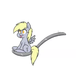 Size: 1000x1000 | Tagged: safe, artist:ghostlymarie, derpibooru import, derpy hooves, pegasus, pony, cute, derp, female, horse spooning meme, mare, meme, micro, no pupils, simple background, sitting, smiling, solo, spoon, tiny ponies, tongue out, white background