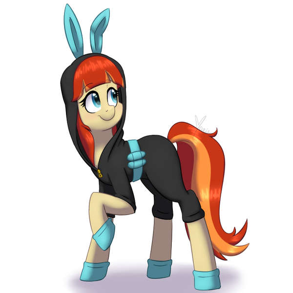 Size: 800x800 | Tagged: safe, artist:ghostlymarie, derpibooru import, oc, oc:film flick, unofficial characters only, earth pony, pony, bunny ears, clothes, costume, cute, dangerous mission outfit, female, happy, hoodie, looking up, simple background, smiling, solo, white background