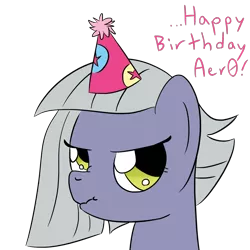 Size: 1280x1280 | Tagged: safe, artist:phat_guy, derpibooru import, limestone pie, earth pony, pony, annoyed, birthday, bust, congratulations, dialogue, english, female, frown, happy birthday, hat, mare, nose wrinkle, party hat, portrait, scrunchy face, simple background, solo, transparent background, unamused