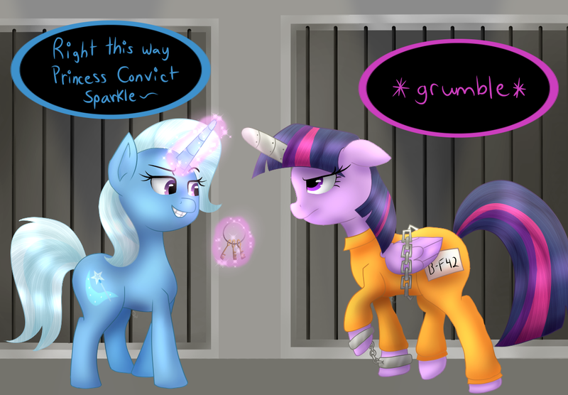 Size: 1200x834 | Tagged: safe, artist:queenwildfire2k18, derpibooru import, trixie, twilight sparkle, twilight sparkle (alicorn), alicorn, pony, bound wings, chains, clothes, cuffs, frustrated, horn cap, jail, magic suppression, prison, prison outfit, prisoner, prisoner ts, shackles, smiling, smirk, smug, unamused