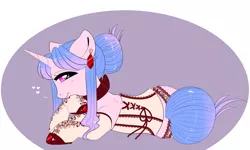 Size: 1749x1047 | Tagged: suggestive, artist:ponycide, derpibooru import, oc, oc:joyful jaunt, unofficial characters only, pony, unicorn, clothes, corset, ear piercing, earring, gem, hair bun, jewelry, lace, piercing, pose, ribbon, shoes, stockings, tail bun, thigh highs