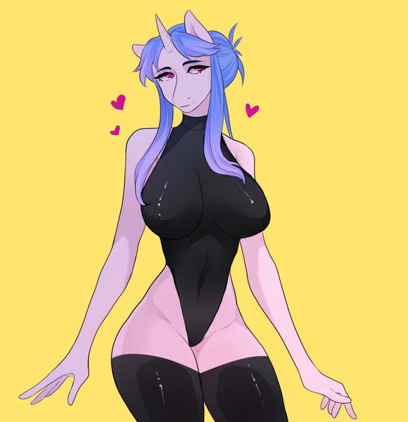 Size: 1365x1413 | Tagged: suggestive, artist:ilassal, derpibooru import, oc, oc:joyful jaunt, unofficial characters only, anthro, unicorn, breasts, clothes, hand, heart, leotard, stockings, thigh highs