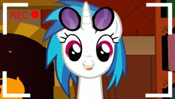 Size: 1280x720 | Tagged: safe, artist:shadesofeverfree, derpibooru import, vinyl scratch, pony, 2013, animated, camera shot, glasses, glasses off, grin, looking at you, recording, smiling, solo, sound, talking, twilightlicious, webm, youtube link