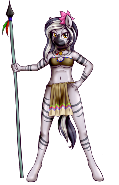 Size: 1199x1865 | Tagged: suggestive, artist:anibaruthecat, derpibooru import, oc, oc:akinyi, unofficial characters only, anthro, unguligrade anthro, zebra, belly button, breasts, clothes, female, flower, flower in hair, image, loincloth, looking at you, mare, midriff, png, simple background, smiling, smirk, solo, solo female, spear, transparent background, underboob, weapon, zebra oc