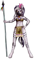 Size: 1199x1865 | Tagged: suggestive, artist:anibaruthecat, derpibooru import, oc, oc:akinyi, unofficial characters only, anthro, unguligrade anthro, zebra, belly button, breasts, clothes, female, flower, flower in hair, image, loincloth, looking at you, mare, midriff, png, simple background, smiling, smirk, solo, solo female, spear, transparent background, underboob, weapon, zebra oc