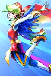 Size: 1377x2039 | Tagged: safe, artist:oberon826, derpibooru import, rainbow dash, equestria girls, legend of everfree, armpits, crystal guardian, crystal wings, female, flying, looking at you, pixiv, ponied up, solo, winged shoes, wings