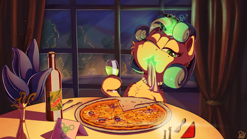 Size: 3840x2160 | Tagged: safe, artist:pirill, derpibooru import, derpy hooves, oc, oc:fidget, pony, alcohol, candle, cringe comedy, curtains, dinner, dinner table, female, fidget spinner, food, glass, glowing horn, hoof hold, magic, mountain dew, napkin, pineapple pizza, pizza, solo, telekinesis, tide, tide pods, wine, wine glass