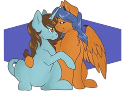 Size: 1024x792 | Tagged: safe, artist:uniquecolorchaos, derpibooru import, oc, oc:beta, oc:serene skies, unofficial characters only, pegasus, pony, unicorn, cuddling, female, lesbian, mare, oc x oc, shipping, simple background, transparent background