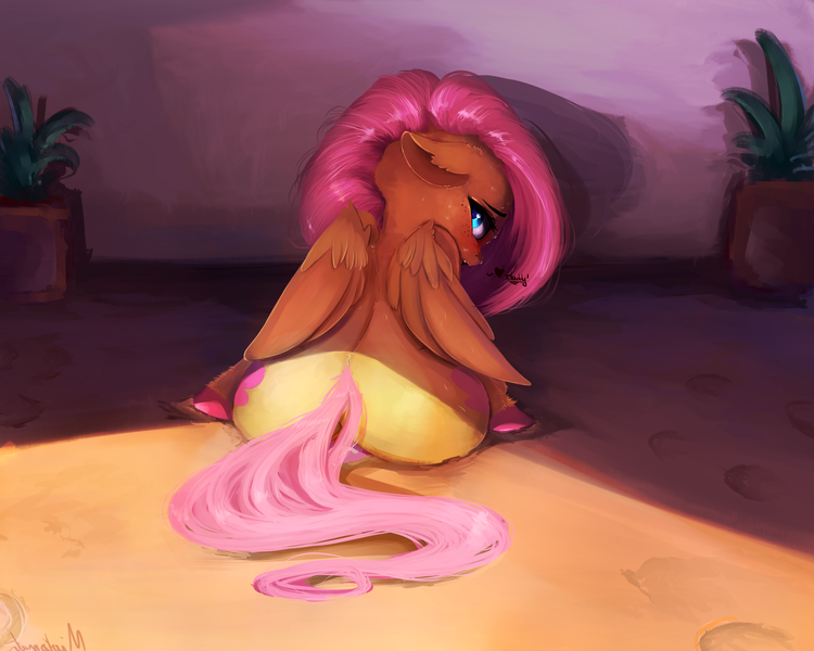 Size: 2500x2000 | Tagged: dead source, explicit, artist:miokomata, derpibooru import, fluttershy, pegasus, pony, bedroom eyes, blushing, both cutie marks, dildo, ear fluff, female, floppy ears, flutterbutt, freckles, heart, looking at you, looking back, mare, nudity, open mouth, plot, rear view, sex toy, sitting, solo, solo female, sweat, unshorn fetlocks, vulva, wing fluff